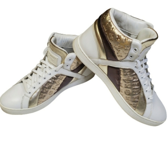 Louis Vuitton White and Gold High Top Sneakers 36 - Picture 1 of 8